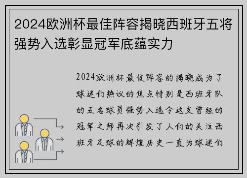 2024欧洲杯最佳阵容揭晓西班牙五将强势入选彰显冠军底蕴实力